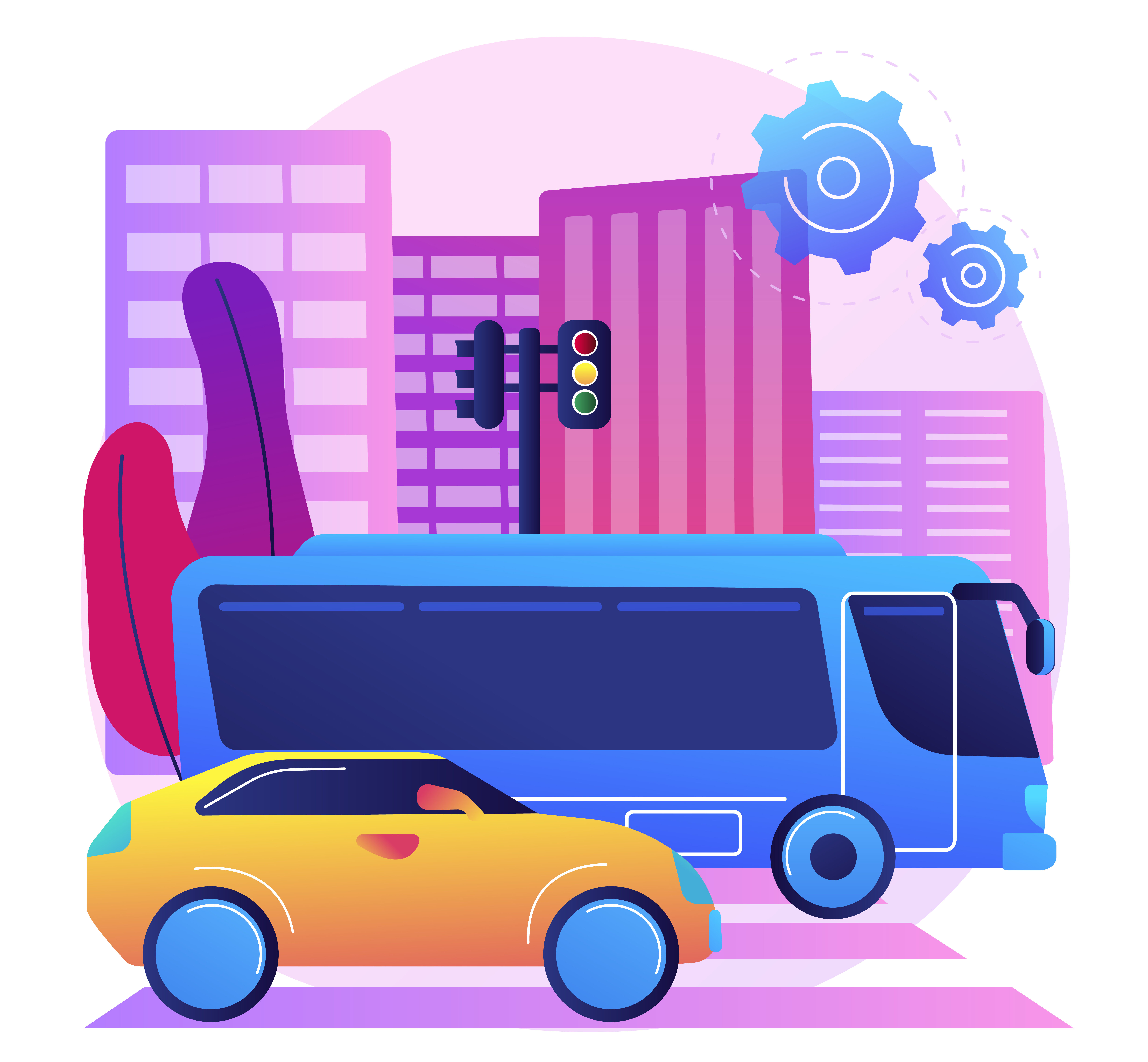 Surface transport abstract concept vector illustration. Road transport, movement of goods people, road or rail, truck on highway, roundabout traffic, car driving fast, bus stop abstract metaphor.
