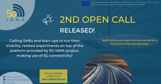 5G-IANA 2nd Open Call for SMEs in mobility-related verticals